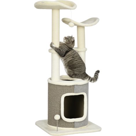 Albero tiragraffi con cuccia per gatti, due piattaforme, due pali per graffiare, rivestimento in peluche, bianco crema, 48 x 48 x 110 cm