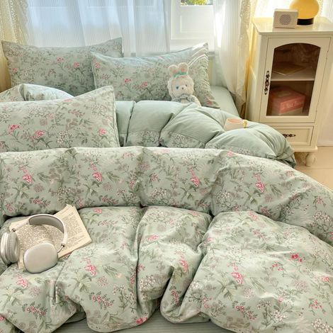 Duvet Cover 200 x 200 cm Green Pink Floral Bedding Set (1/5)