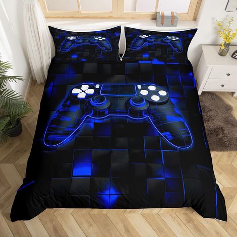 Housse de Couette Ado Garcon 140x200 cm avec 1 Taie d'oreiller, Parure de Lit Game Jeux Vidéo, Sets de Housses de Couettes Manette de Jeux Néon Bleu Couvre Lit Carré Géométrique (1/5)