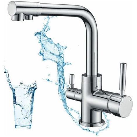 Robinet de cuisine 3 voies - mitigeur pivotant à 360° avec sortie d'eau filtrée - robinetterie eau potable pour évier de cuisine (1/4)