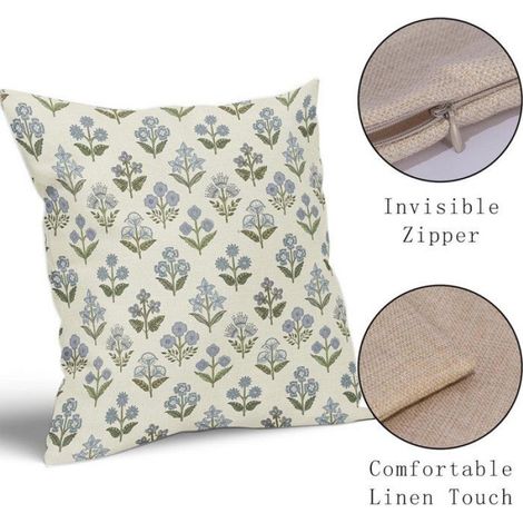 Housse De Coussin 45x45cm, Lot De 2, Imprimé Bloc Bleu-Vert Motif Floral Vintage, Décoration Rurale, Polyester (1/4)