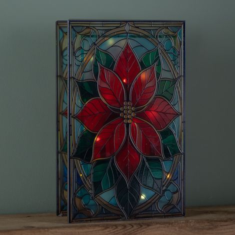 21cm Battery Operated Light up Double Sided Stained Glass Poinsettia Decoration with LEDs (1/5)