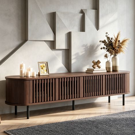 Meuble TV 178 cm en MDF, 4 portes à lamelles, pour TV jusqu'à 75 pouces, 5 pieds métal, noyer (1/5)