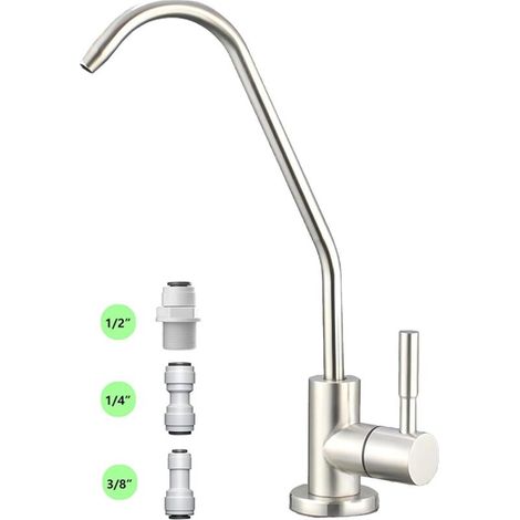 Robinet eau potable cuisine, mitigeur osmose inverse sans plomb SUS304, bec long 8,1 cm rotation 360°, acier inoxydable brossé (1/4)