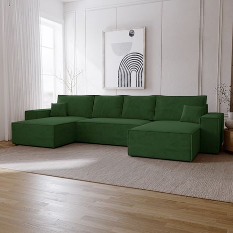 Emporius Canapé d'angle Bergamo U, 377 cm, 6 places - canapé convertible, tissu velours vert (1/5)