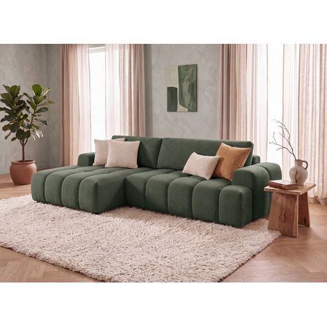 Canapé d'angle convertible avec coffre en tissu texturé vert (1/5)