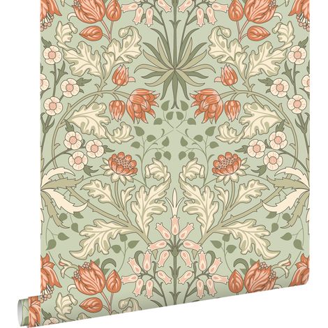 Papier peint fleurs vintage art nouveau vert et terracotta – Intissé facile à poser – Dimensions 50 x 900 cm – Raccord droit – Estahome (1/5)