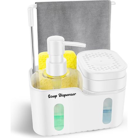 Double distributeur de savon Organiseur de vaisselle 4 en 1 Distributeur de savon et de liquide vaisselle Porte-éponge Porte-brosse Crochet pour torchon Amovible'Blanc.'Blanc.'-