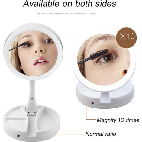 Miroir de maquillage portable pliant 1x10x LED lumineux double face rotation 270 charge USB couleurs multiples (1/4)