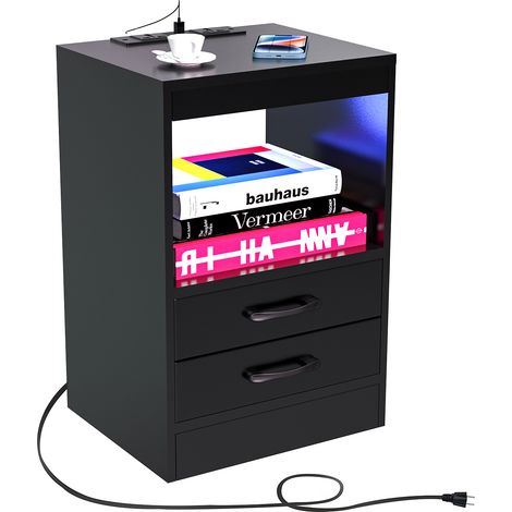 Comodino moderno Haloyo® a 3 cassetti con luci a LED, comodino con multipresa, per soggiorno, camera da letto, 40x35x60 cm, nero (1/5)