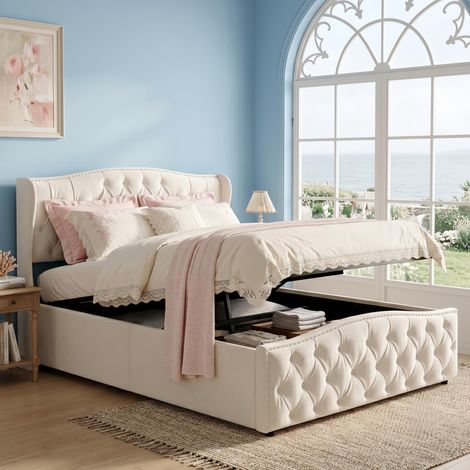 Tanant – Lit coffre 140x190 cm – Lit double avec tête de lit design – Sommier à lattes avec rangement – Tissu lin blanc