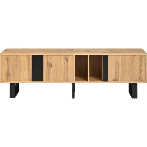 TV-Lowboard aus PB und MDF in Natur mit 3 Türen, offenen Fächern und schwarzen Eisenbeinen (1/5)