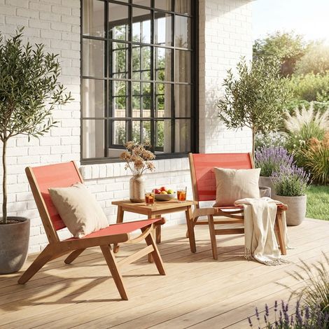 Lot de 2 fauteuils relax bois d'acacia et textilène terracotta - Madera