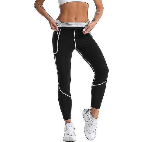 Combinaison de sudation amincissante pour femme, haut brûleur de graisse, legging thermo-gainant, veste sculptante - Pantalon noir et argent (1/5)