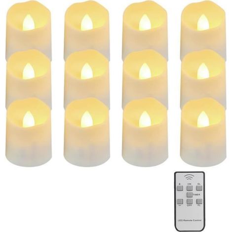 Lot de 12 Bougies Chauffe-plat LED avec Télécommande Minuterie, Flamme Vacillante, Blanc Chaud, Décoration pour Halloween Noël. (1/4)