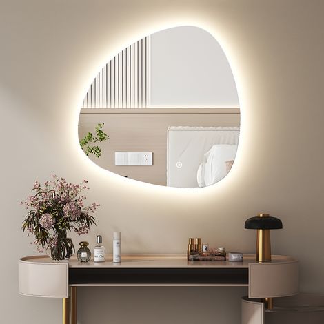 Boromal Asymmetrischer Spiegel mit Beleuchtung 80x80cm LED Badspiegel Asymmetrischer Spiegel mit Licht Lichtspiegel LED Spiegel Badezimmerspiegel Wandspiegel mit Touch-Schalter, Dimmbar 3 Lichtfarbe E (1/5)