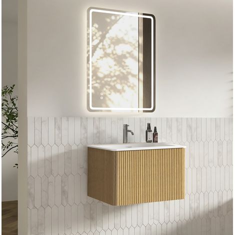 Set meuble sous-vasque suspendu 60 cm avec lavabo intégré et miroir LED 60 x 80 cm chêne (1/5)