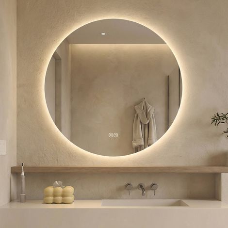 REDOM espejo de baño LED (77x77x8.5 cm), redondo retroiluminado con antiempañamiento, 3 luces regulables, vidrio y metal plateado (1/5)