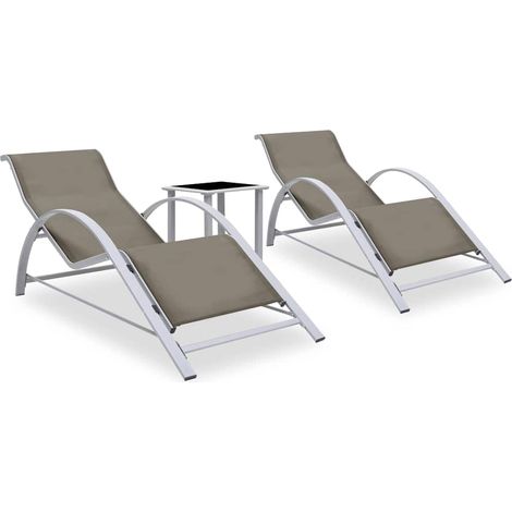 Lot de 2 Bains de soleil Chaises de jardin - Transat de jardin avec table Aluminium Taupe BV800876 - BonneVie (1/5)