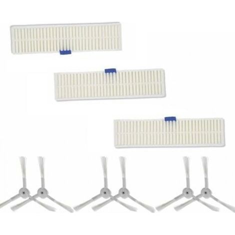 Juego de 3 filtros de polvo y 6 cepillos laterales, compatibles con aspiradoras robot Explorer Serie 60, color blanco. (1/4)