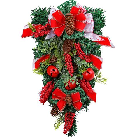 50 cm großer Weihnachtskranz mit Schleife, Glocke, umgedrehtem Tannenbaum, Schleife, Tannenzapfen und Wanddekoration. Wanddekoration. (1/2)