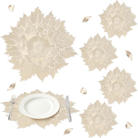 Lot de 6 Sets de Table Or Ronde Fleur Feuille, Dessous de Table Antidérapants en Vinyle, Dessous Assiette Imperméables Lavable pour Cuisine Fête et Salle à Manger Décoration 38cm (1/5)