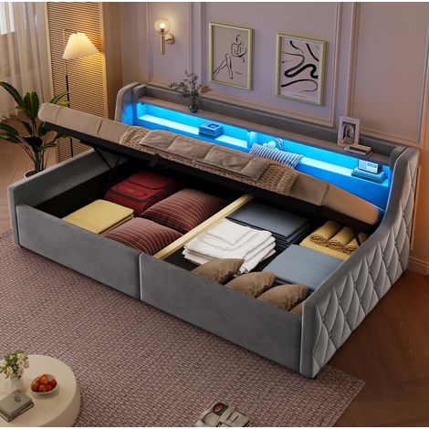 Lit coffre 90x200 cm en tissu peluche gris, avec rangement gain de place pour chambre FloraGrace (1/5)