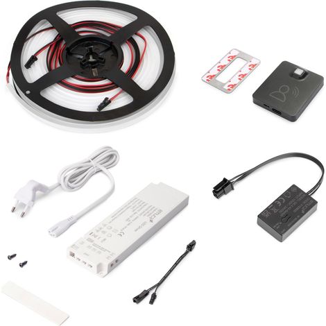 emuca kit de tira led 4x10 neonlynx v para armario, longitud 5.000mm, luz blanca cálida 2.700k, sensor de movimiento rf smart, convertidor smart 60w (24v dc), plástico (1/4)