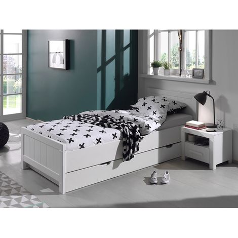 GASTON - Pack Lit 90x200cm + Chevet 1 Tiroir Laqués Blanc (1/4)