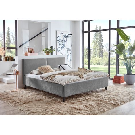 Meise Möbel Polsterbett Piano 180x200 cm Doppelbett Bettgestell Kopfteil mit tiefem Einzug Strukturstoff Grau Holzfuß schwarz (1/5)