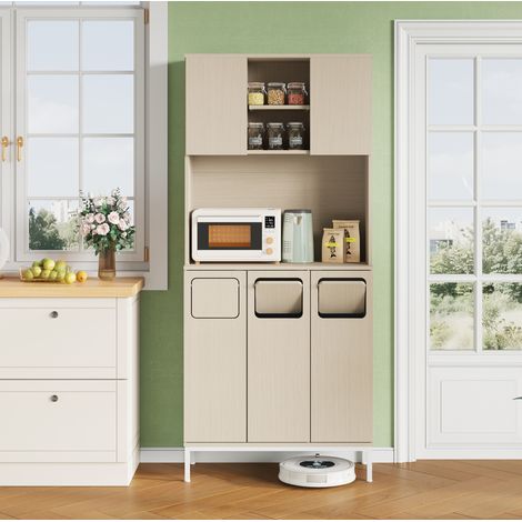 Armoire de cuisine 80x35x181 cm blanc en MDF avec 3 portes, niche micro-ondes et espace pour aspirateur robot (1/5)