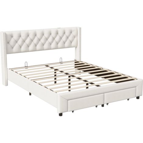 Tanant – Lit avec tiroirs 140x190cm – Tête de lit LED avec ports USB – 2 tiroirs – Sommier à lattes en bois – Velours beige