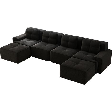 Boneless Sofas für Wohnzimmer, Modulares Sofa mit U-förmiger Chaiselongue, 4-Sitzer Bequem Polstertes Tiefsitz Corduroy-Cloud-Sofa, Montagefreies Sofa, Rutschfestes Design, Schwarz (1/5)