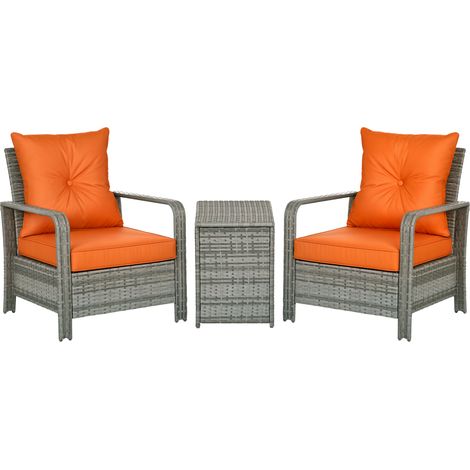 Outsunny 3 Pieces Rattan Bistro Set, Wicker Garden Furniture Set with Storage Coffee Table and Chairs, Thickened Cushions for Outdoor, Patio, Balcony, Orange (1/5)