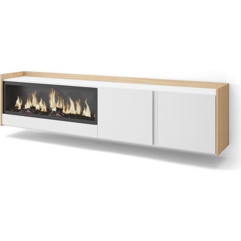 Skraut Home - Mueble TV, Televisión, Muebles de salón, almacenaje, 212x35x50cm, Para TV hasta 80", Chimenea eléctrica XXL, Colgado, Suspendido, Estilo Moderno, Blanco y roble soft (1/5)