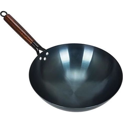 Wok traditionnel chinois en fer à fond rond, non revêtu, avec poignée unique et antiadhésif, idéal pour la maison et les restaurants, 34 cm. (1/5)