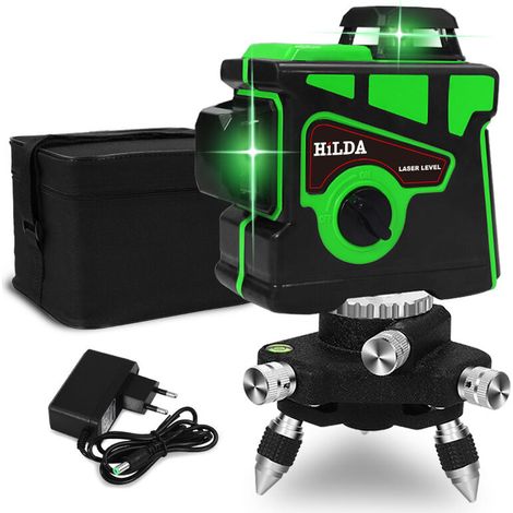 Niveau laser 12 lignes 3D auto-nivelant a croix horizontale et verticale, faisceau vert super puissant a 360 degres avec Base Pivotante a 360 Degres Vert