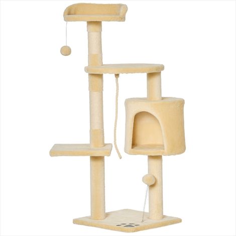 Arbre à chat beige 114 cm avec griffoirs niche et jouets Bois (1/5)