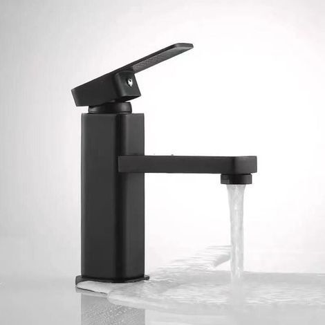 Robinet Évier Salle de Bain Monotrou Carré Noir avec Poignée Métal Robinet Lavabo (1/4)