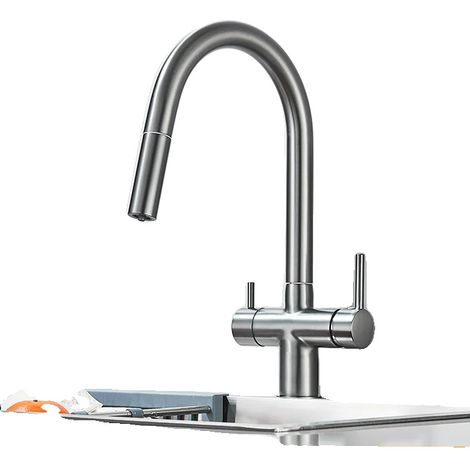 Grifo de cocina, cabezal rociador extraíble, control de doble manija, pistola rociadora gris (1/2)