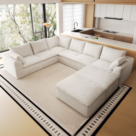 Canapé en U 8 places beige blanc en tissu 310 x 245 cm (1/5)
