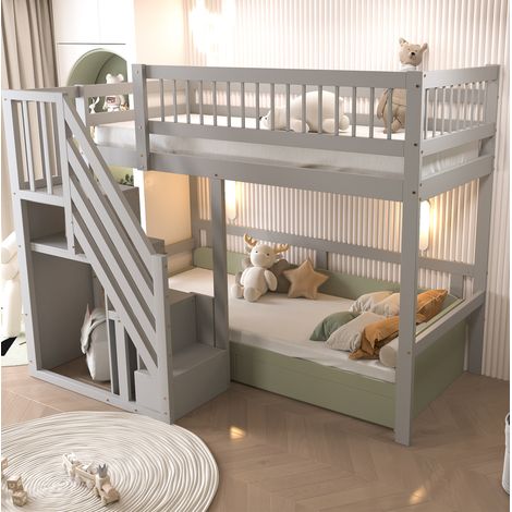 Cama alta de madera gris 90x200 cm con escalera de almacenaje y somier de láminas