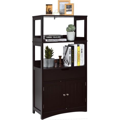 Costway – Meuble de rangement salle de bain 32,5 x 60 x 122 cm – MDF blanc imperméable – Tiroir coulissant et 2 portes – Rangement flexible pour petits espaces (1/5)
