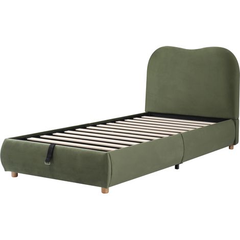 Letto contenitore per bambini 90 x 200 cm in velluto verde con testiera imbottita e rete (1/5)