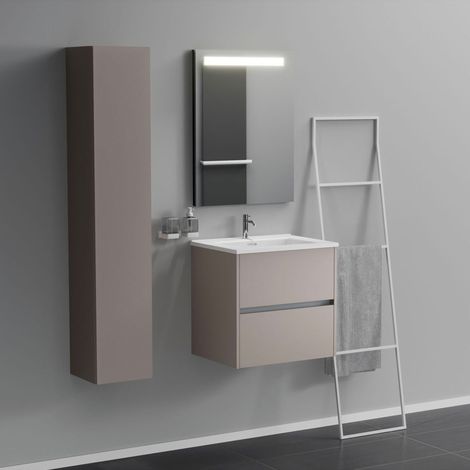 Inda - Badezimmerschrank 2 Schubladen L.60 mit beleuchtetem Spiegelwaschbecken – Matt Elfenbein