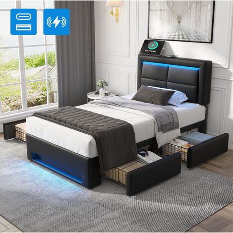 Lit avec tiroirs 90x190 cm USB LED PU noir HAVRYA (1/5)