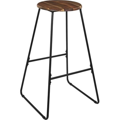 LUCIEN - Tabouret de bar en métal filaire noir et assise en acacia (1/5)