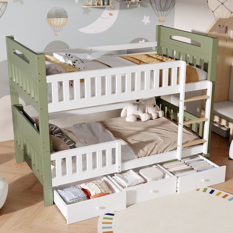 Letto a castello per bambini 90x200 cm in legno bianco/verde con 3 cassetti - MEUBLIV (1/5)