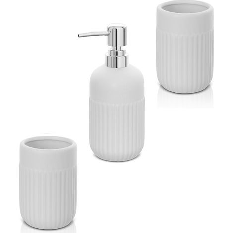 Set accessori bagno in ceramica bianca opaca con dispenser sapone e due portaspazzolini Cup (1/5)
