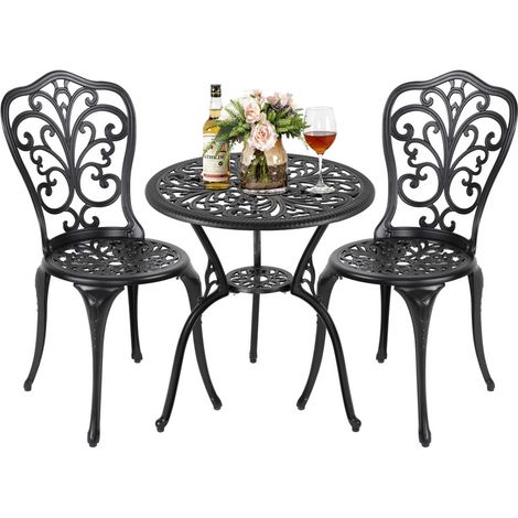 Avestar 3-teiliges Bistro Set Metall aus Aluminiumguss, Gartenmöbel Set, Balkonmöbel, runder Bistrotisch mit 2 Gartenstühlen, Schwarz Schmetterling